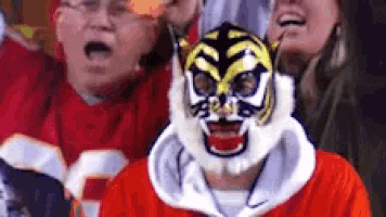 a person wearing a tiger mask is sitting in a crowd