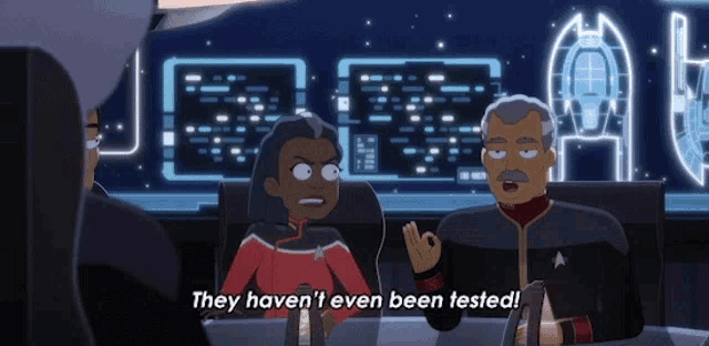 a cartoon of a man and a woman sitting at a table with the words " they haven 't even been tested "