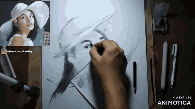 a drawing of a woman wearing a hat is made in animatica
