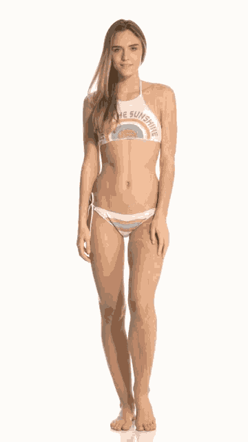 a woman in a bikini with the words " let the sunshine " on it