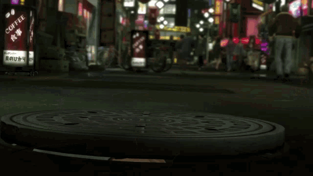 a man in a suit is looking out of a hole in the ground with a coffee sign in the background