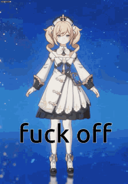 a girl in a white dress is standing in front of a blue sky with the words fuck off written below her