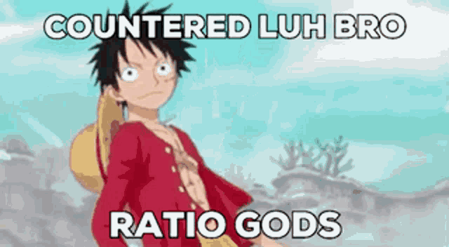 a picture of luffy from one piece with the words countered luh bro ratio gods