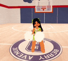 a cheerleader on a basketball court with a berry avenue logo on the floor