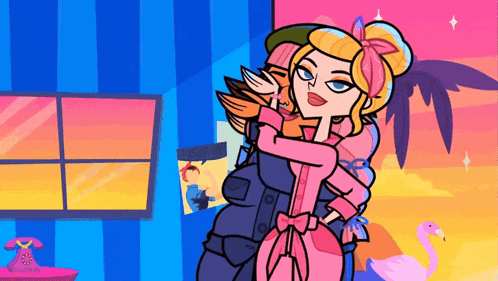 a cartoon drawing of a woman in a pink dress