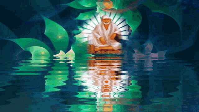 a painting of a man in a white robe sitting on a rock in the water