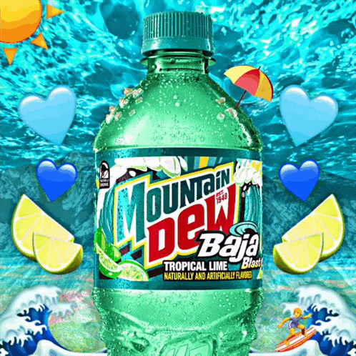 a bottle of mountain dew baja tropical lime blast surrounded by hearts and limes