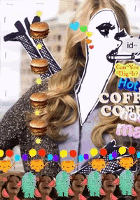 a collage of a woman surrounded by balloons and hamburgers with the words hot coffee on the bottom right