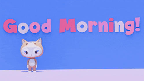 a cartoon cat stands in front of a blue wall that says good morning