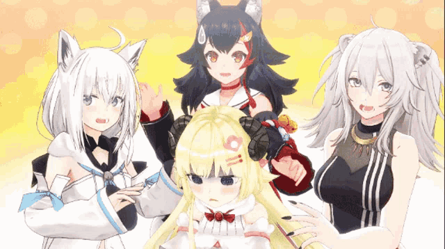 a group of anime characters standing next to each other with one of them wearing a sheep costume