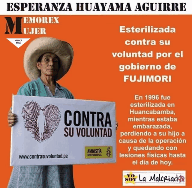 a woman holding a sign that says contra su voluntad on it