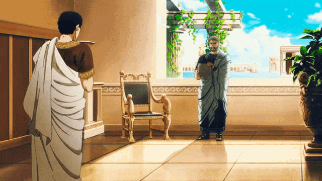 a man in a toga stands in front of a chair