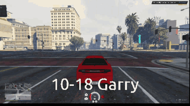 a video game screen shows a red car driving down a street with the words 10-18-garry on the bottom