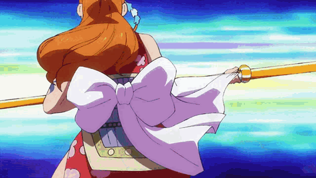 a cartoon character with a bow on her back