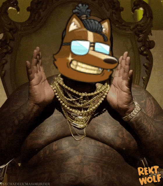 a cartoon of a wolf wearing sunglasses and gold chains with the words rekt wolf on the bottom