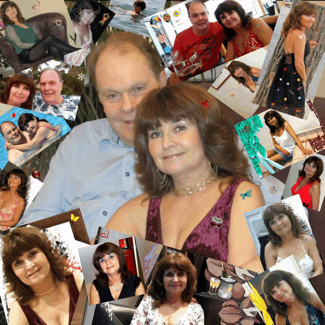 a collage of pictures shows a man and a woman with a cherry pin in her hair
