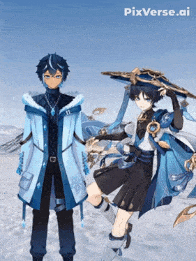 a couple of anime characters standing next to each other with pixverse.ai written above them