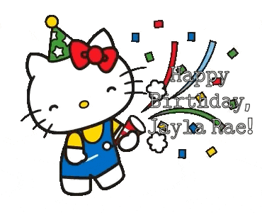 hello kitty is wearing a party hat and holding a megaphone and says happy birthday jayla rae