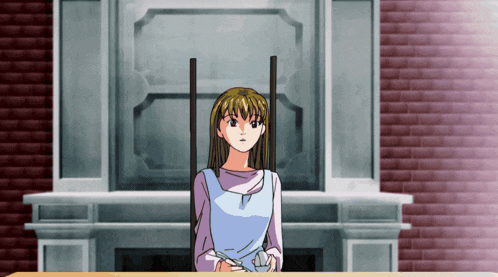 a girl in a white apron sits at a table with a fireplace in the background