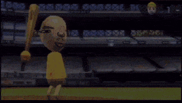 a cartoon character is holding a baseball bat in a baseball game