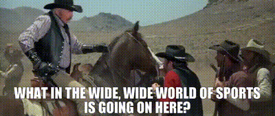 a cowboy riding a horse with the words " what in the wide wide world of sports is going on here "