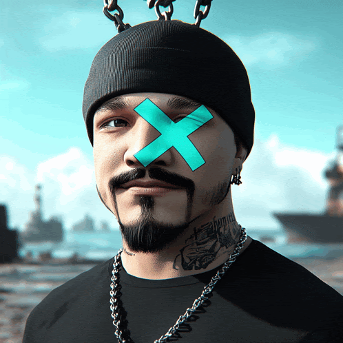 a man with a tattoo on his neck has a cross on his eye