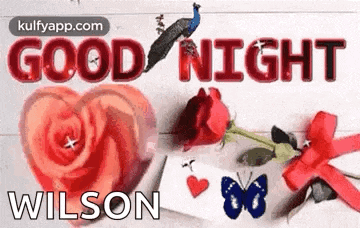 a good night wilson greeting card with a heart , roses , and a peacock .