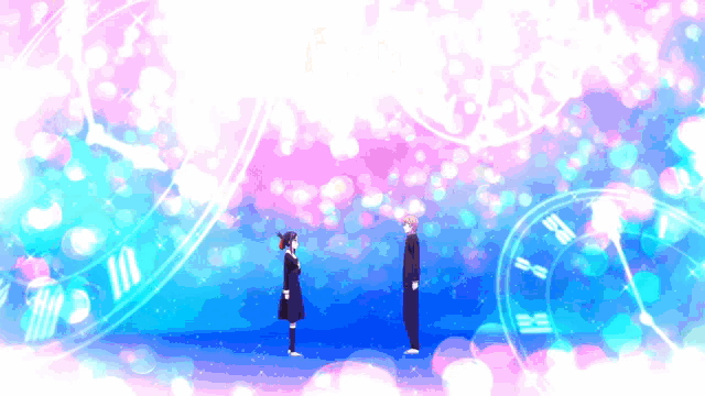 a boy and a girl are standing next to each other in front of a clock with roman numerals