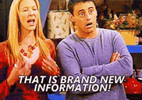 a man and a woman standing next to each other with the words that is brand new information .