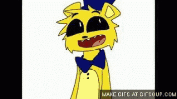 a cartoon of a yellow bear with black eyes and a blue bow tie .