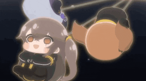 a cartoon girl is sitting next to a stuffed animal that is hanging from a rope .