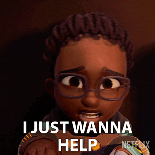 a cartoon character with glasses and the words i just wanna help