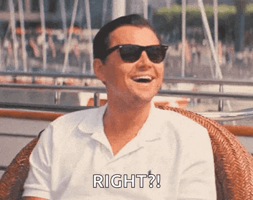 a man wearing sunglasses and a white shirt is laughing and saying right .