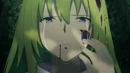 a girl with green hair and blue eyes is crying with blood coming out of her nose