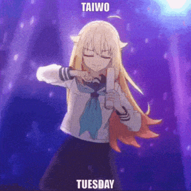 a girl in a school uniform is dancing with the words taiwo tuesday on the bottom