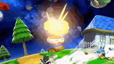 a video game scene with a house and trees and a huge explosion in the background