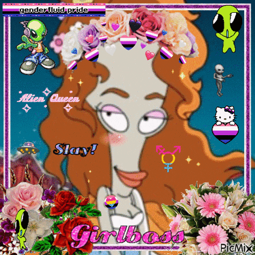 a picture of a cartoon character with the words alien queen slay girlboss on it