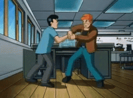 two cartoon characters are shaking hands in a room