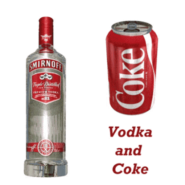 a can of coke next to a bottle of smirnoff