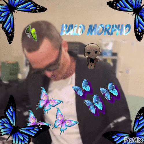 a man is surrounded by blue butterflies and bald morpho