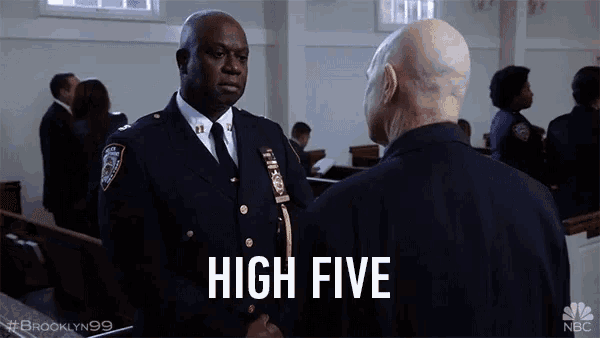a man in a police uniform is talking to another man in a church and the words high five are visible