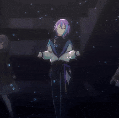 a close up of a girl with purple hair and blue highlights