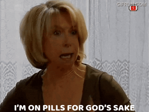 a woman is talking about pills for god 's sake
