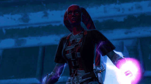 a video game character with a purple lightning bolt coming out of her hand