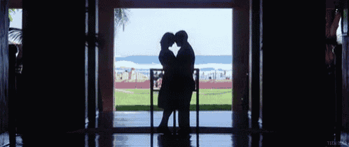 a silhouette of a man and woman kissing in front of a window with the ocean in the background .