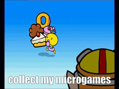 a cartoon character is holding a donut and a piece of cake with the words collect my microgames below it