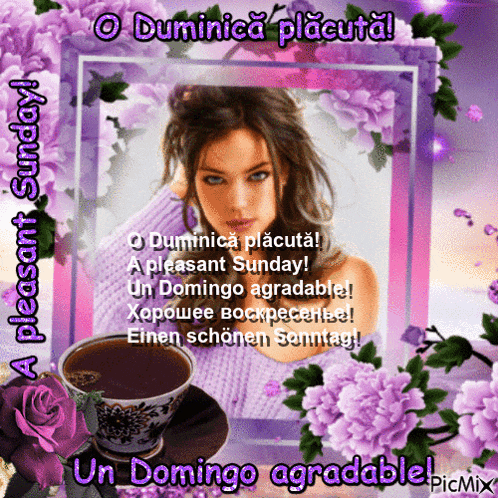 a picture of a woman and a cup of coffee with the words un domingo agradable on the bottom