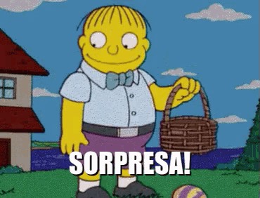 a cartoon character holding a basket with the word sorpresa on the bottom right