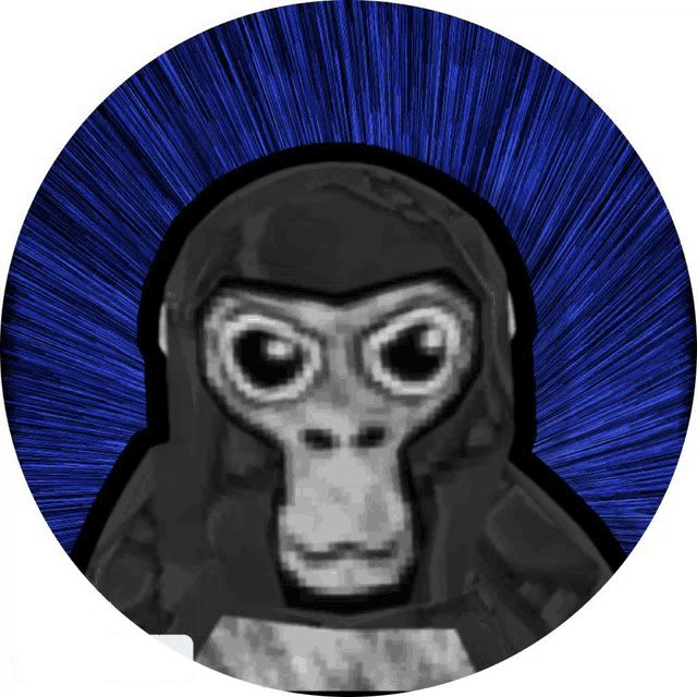 a black and white drawing of a gorilla with a blue circle around it