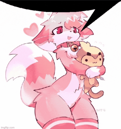 a drawing of a cat holding a stuffed animal with a speech bubble above it